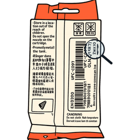 Position des Haltbarkeitsdatums (MHD) auf der Verpackung einer Canon Tintenpatrone