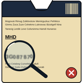 Lupe über dem Haltbarkeitsdatum (MHD) auf einer Tintenpatronen-Verpackung, rotes Kreuz für ablaufendes oder abgelaufenes MHD