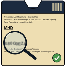 Lupe über dem Haltbarkeitsdatum (MHD) auf einer Tintenpatronen-Verpackung, grünes Häkchen für ausreichende Haltbarkeit