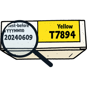 Position des Haltbarkeitsdatums (MHD) auf der Verpackung einer Epson Tintenpatrone